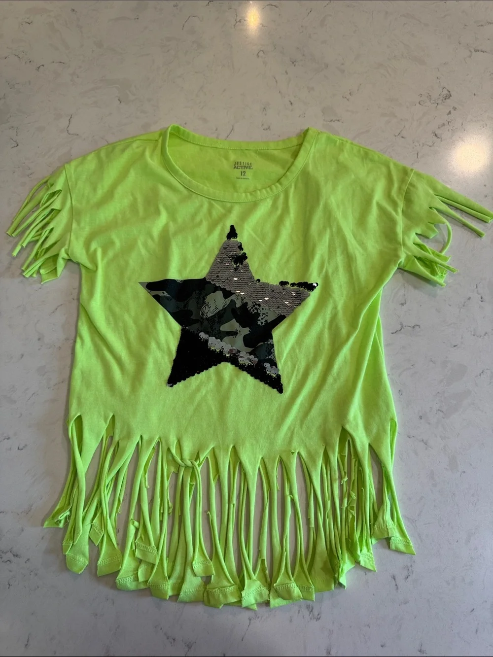 Justice Neon Green Fringe Tee with Sequin Camo Star